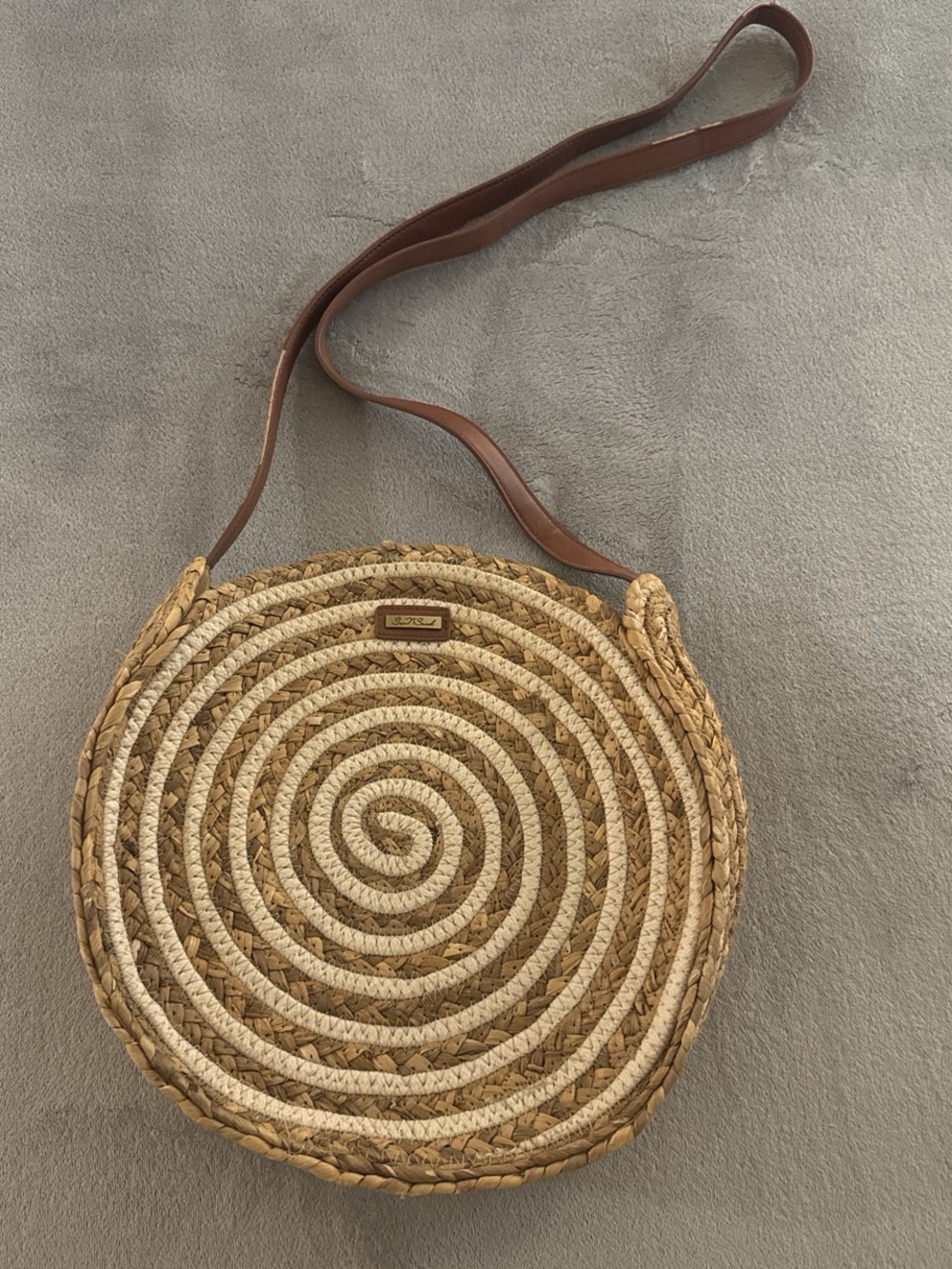 Round Woven Straw Crossbody Satchel with Brown Strap